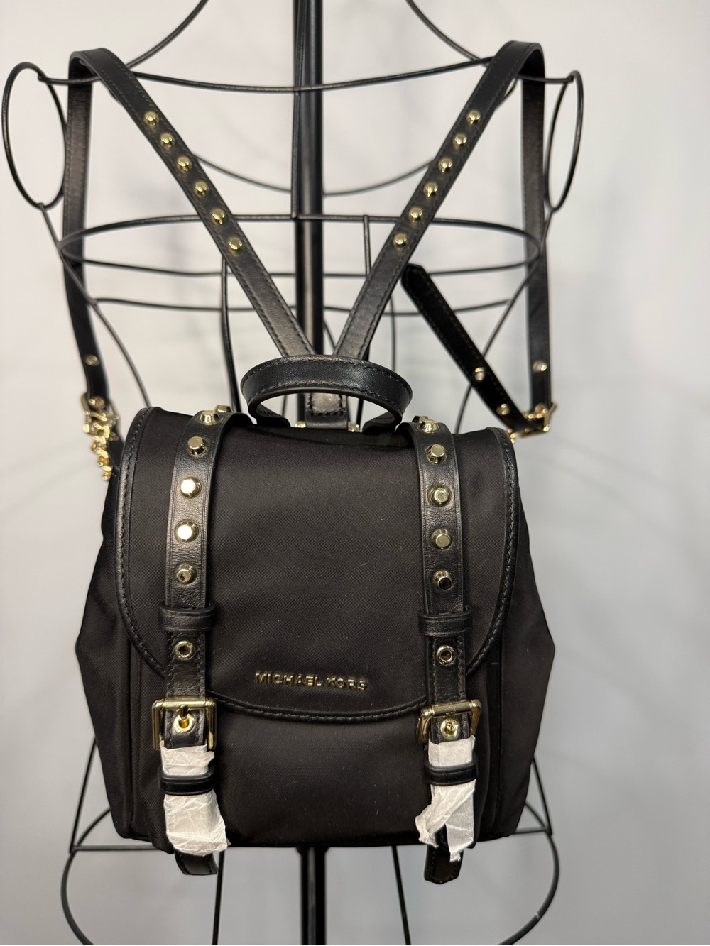 Michael Kors Black Nylon Mini Backpack with Gold Stud Accents